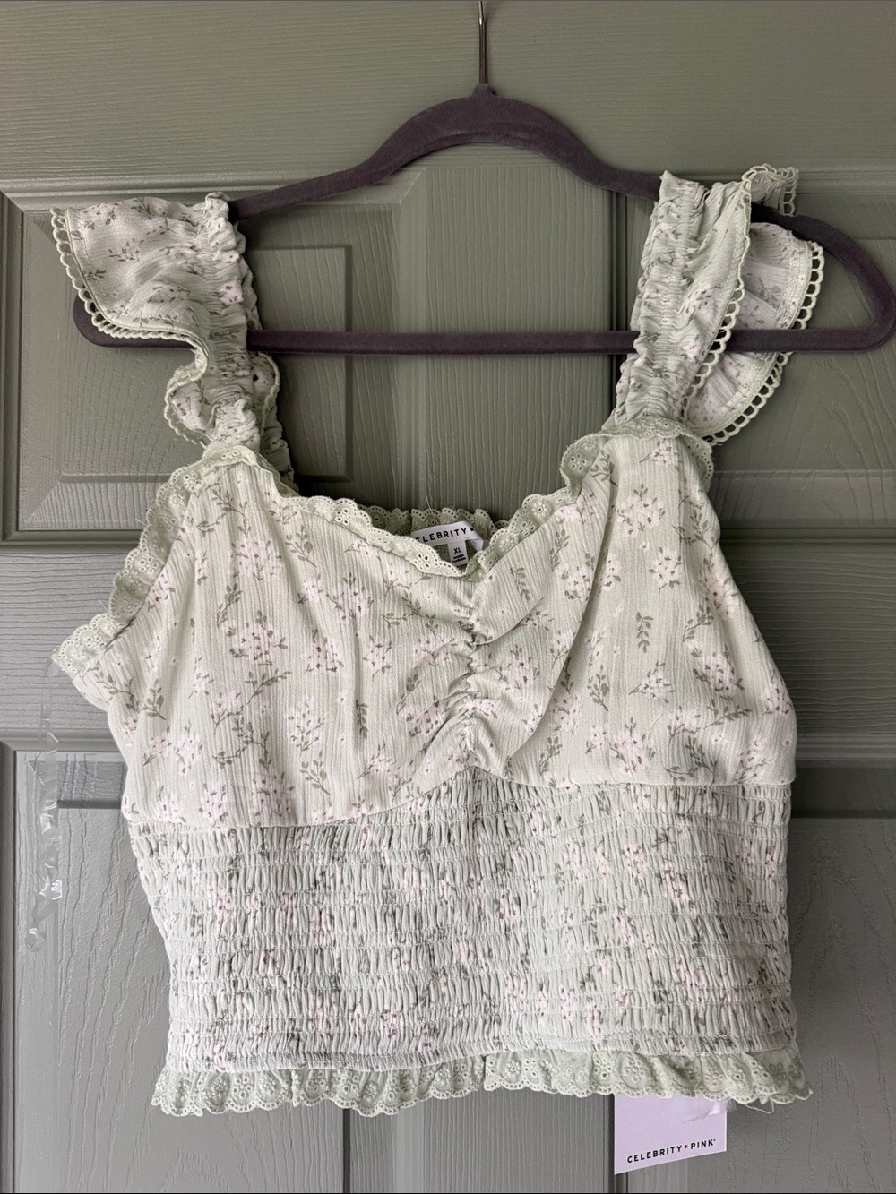 Celebrity Pink Light Mint Floral Ruffle Smocked Crop Top